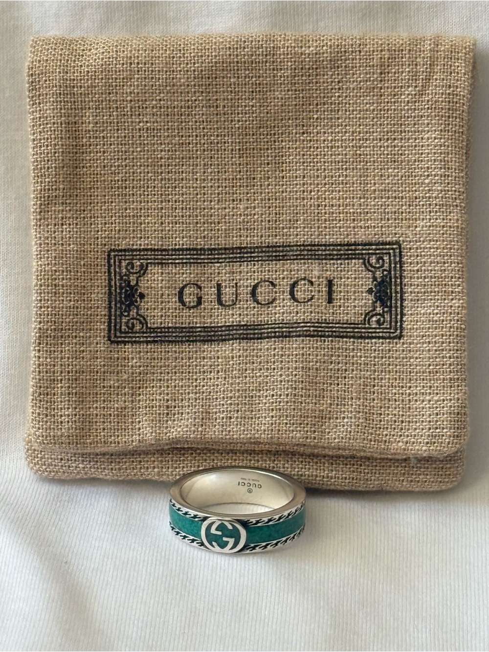 Gucci Silver Ring with Teal Enamel with interlocking G ring - size 6